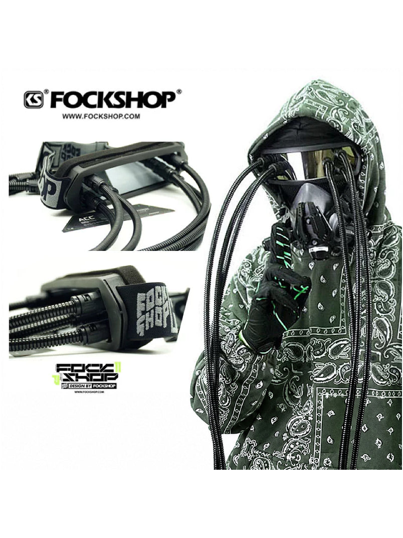 FOCKSHOP CTHULHU tube-detail cyber goggles — original collage of mirrored goggles, tube attachments and a green-hooded costume portrait