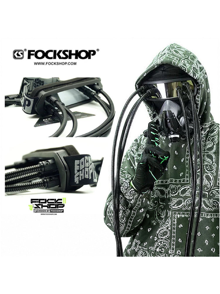 FOCKSHOP CTHULHU tube-detail cyber goggles — original collage of mirrored goggles, tube attachments and a green-hooded costume portrait