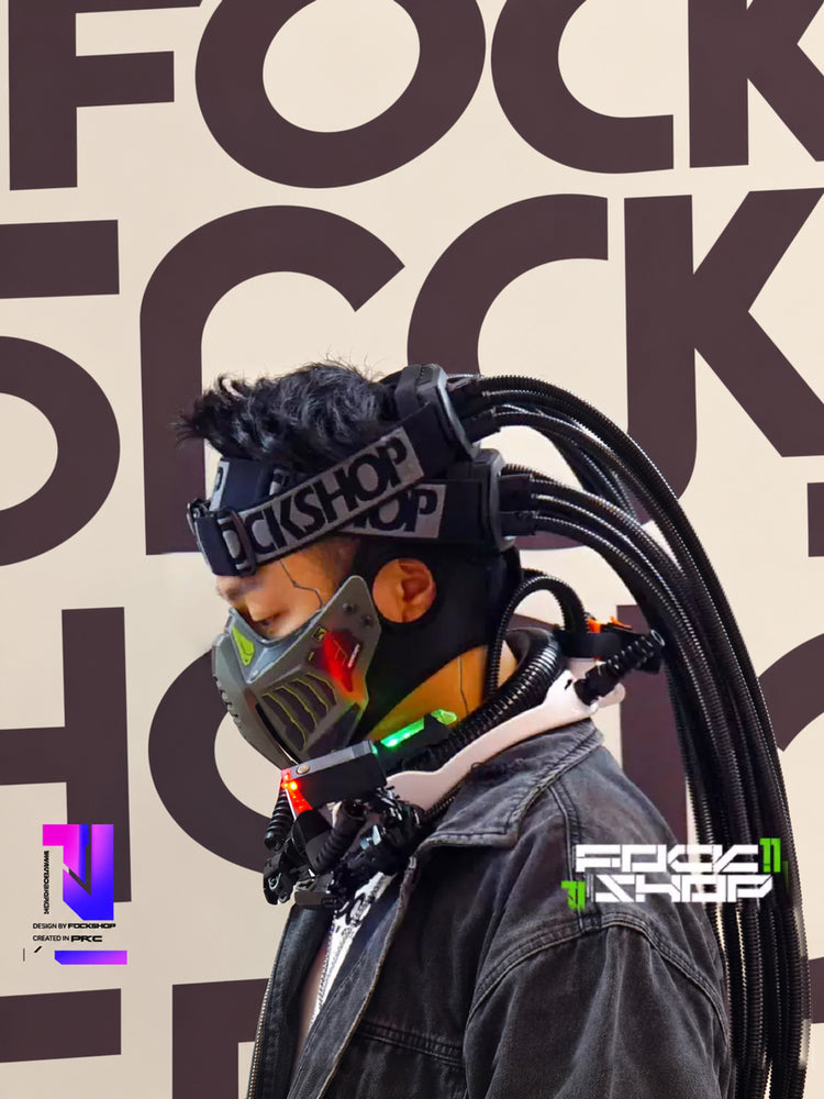 FOCKSHOP CTHULHU tube-detail cyber goggles — side modeled view showing tubes behind the head with a separately styled collar and mask