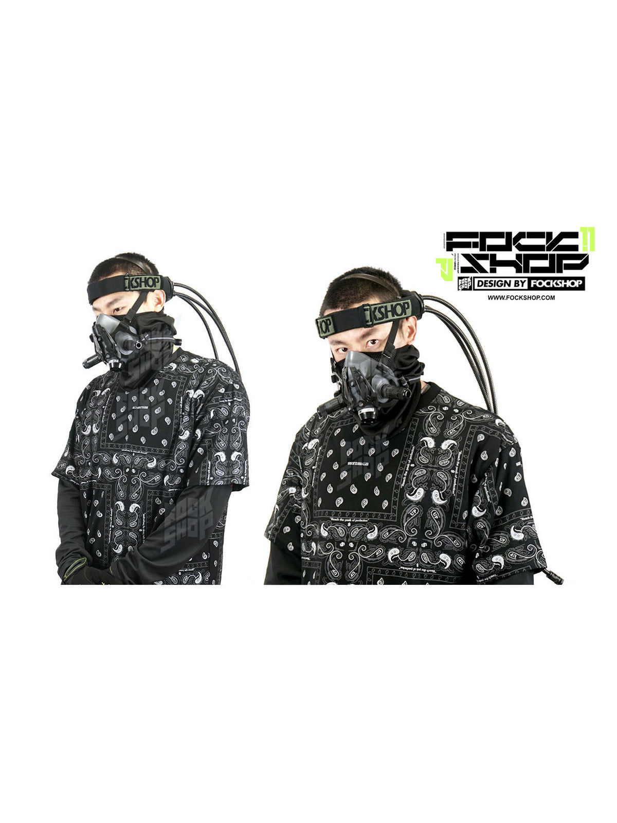FOCKSHOP CTHULHU tube-detail cyber goggles — two original modeled angles with the goggles worn across the forehead