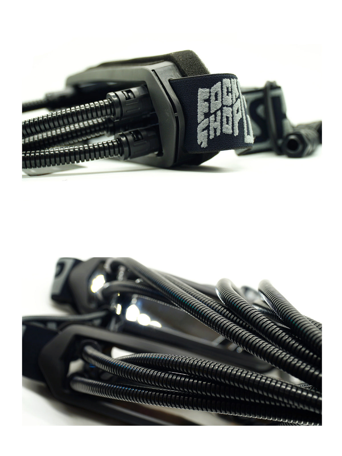 FOCKSHOP CTHULHU tube-detail cyber goggles — paired close-ups of the tube connectors, embroidered strap and ribbed tubing