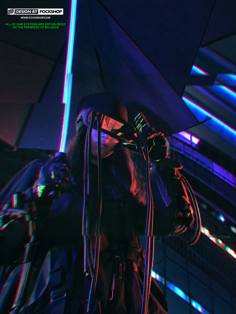 FOCKSHOP CTHULHU tube-detail cyber goggles — neon-lit modeled portrait showing the goggles above the face with hanging tubes