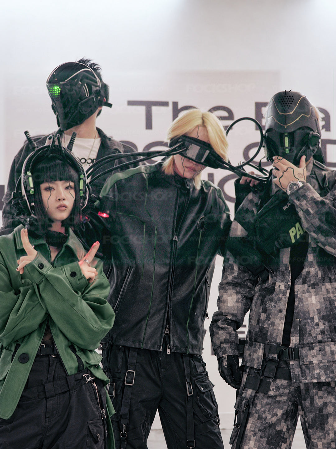 FOCKSHOP CTHULHU tube-detail cyber goggles — group costume portrait showing different ways to style the tube goggles