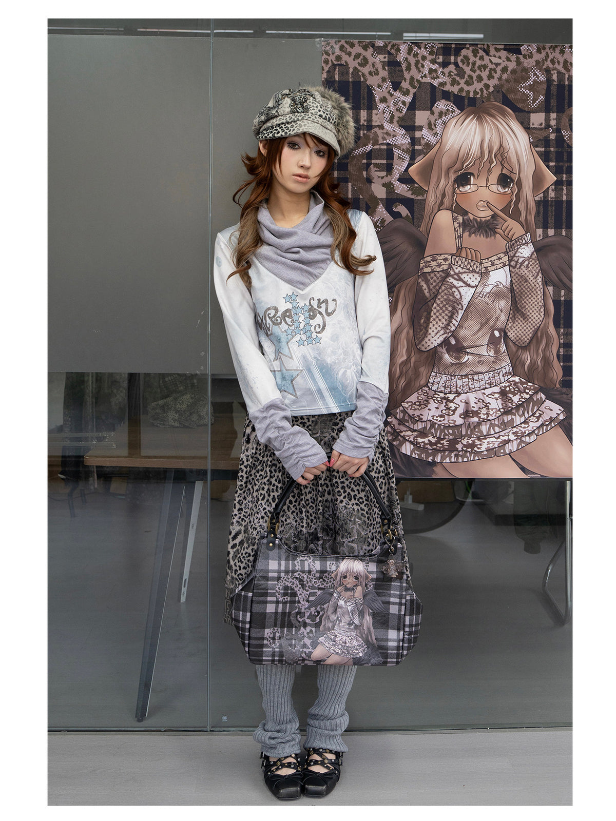4RE1GN MYSTIC STAR slouch-neck long-sleeve tee in ice blue gray — full-length front modeled view carrying a graphic tote