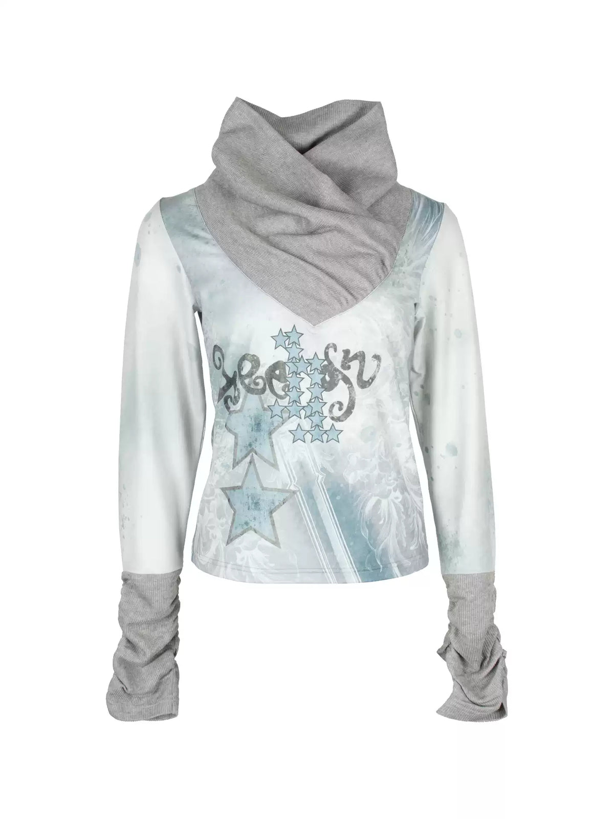 4RE1GN MYSTIC STAR slouch-neck long-sleeve tee in ice blue gray — front garment-only view showing the slouch neckline and star print