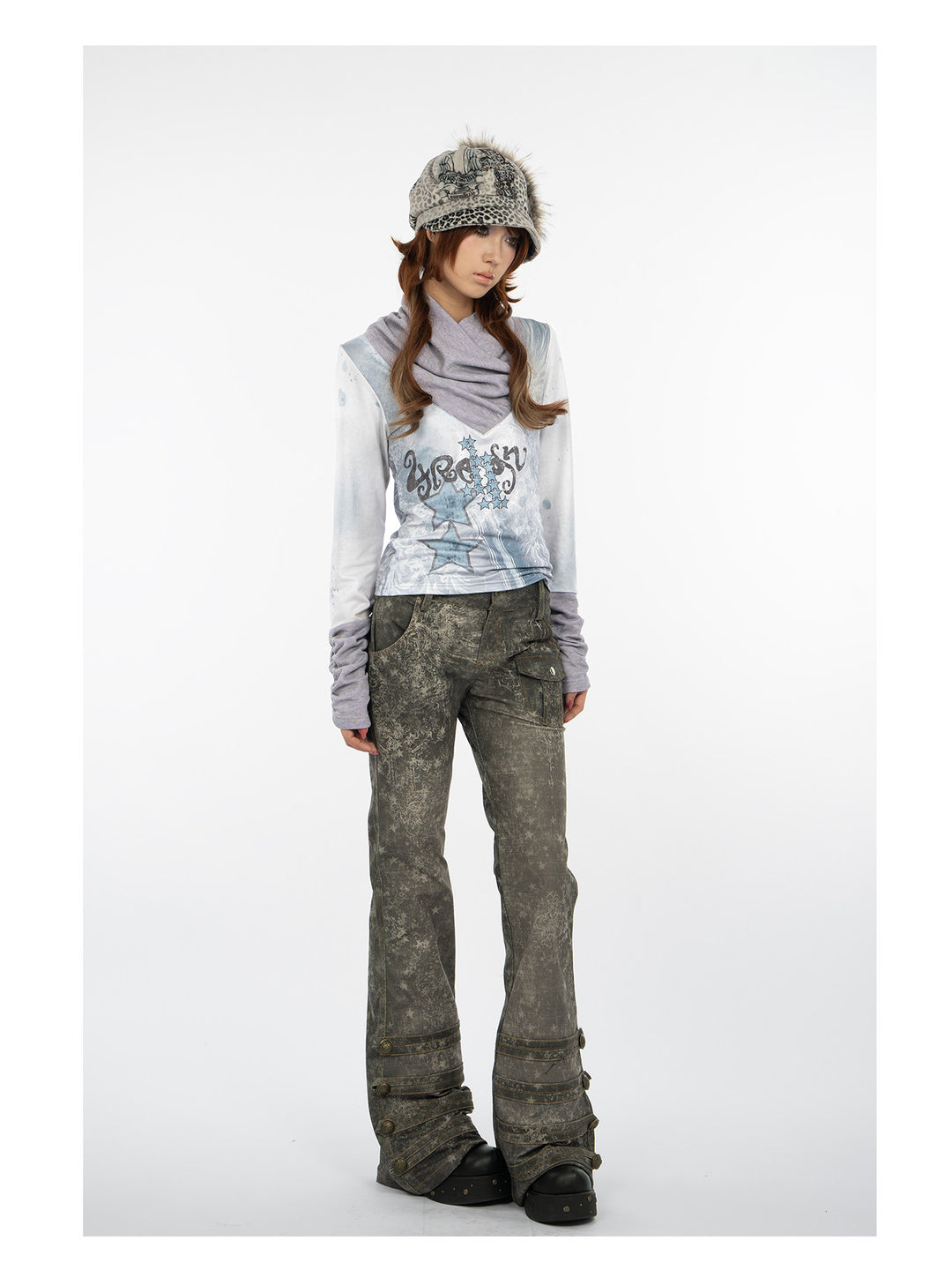 4RE1GN MYSTIC STAR slouch-neck long-sleeve tee in ice blue gray — full-length modeled view styled with wide-leg trousers