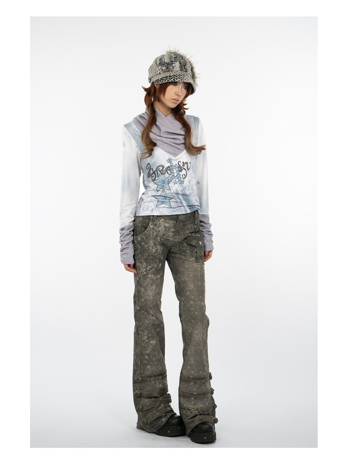4RE1GN MYSTIC STAR slouch-neck long-sleeve tee in ice blue gray — full-length modeled view styled with wide-leg trousers