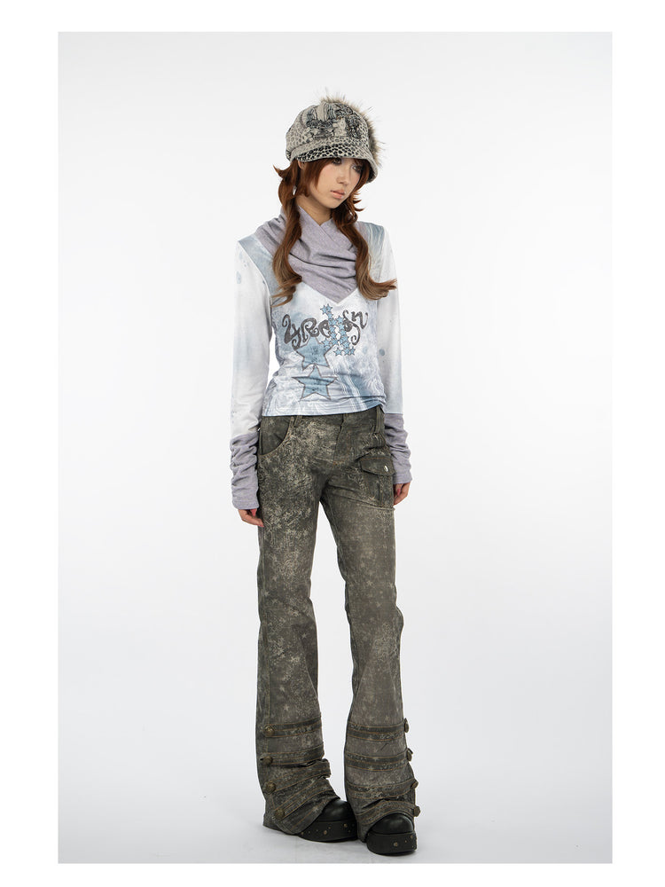 4RE1GN MYSTIC STAR slouch-neck long-sleeve tee in ice blue gray — full-length modeled view styled with wide-leg trousers
