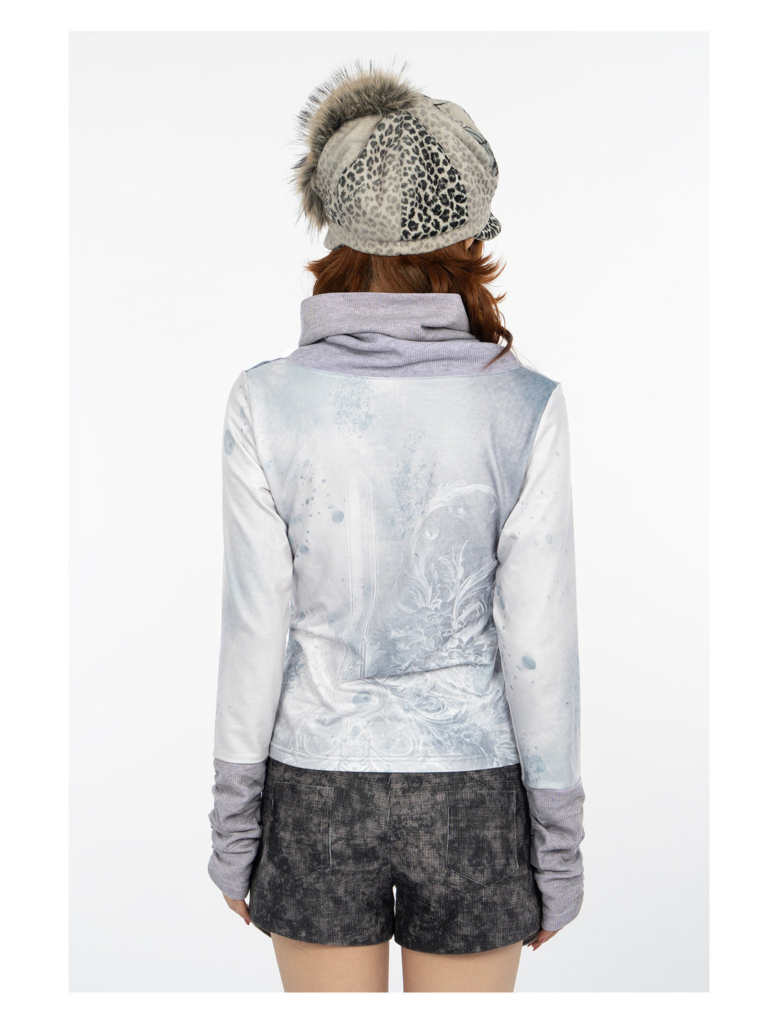 4RE1GN MYSTIC STAR slouch-neck long-sleeve tee in ice blue gray — back modeled view showing the rear print