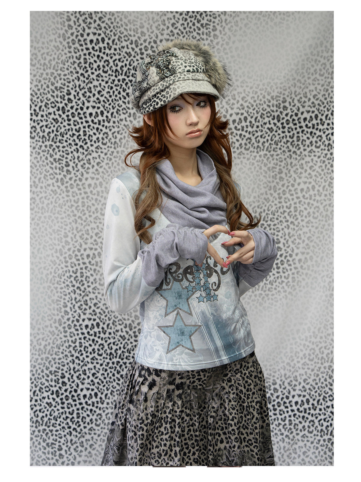 4RE1GN MYSTIC STAR slouch-neck long-sleeve tee in ice blue gray — close front modeled view showing the knit neckline and cuffs