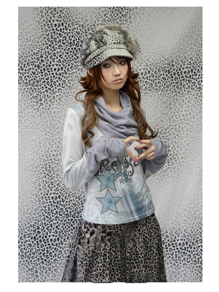4RE1GN MYSTIC STAR slouch-neck long-sleeve tee in ice blue gray — close front modeled view showing the knit neckline and cuffs