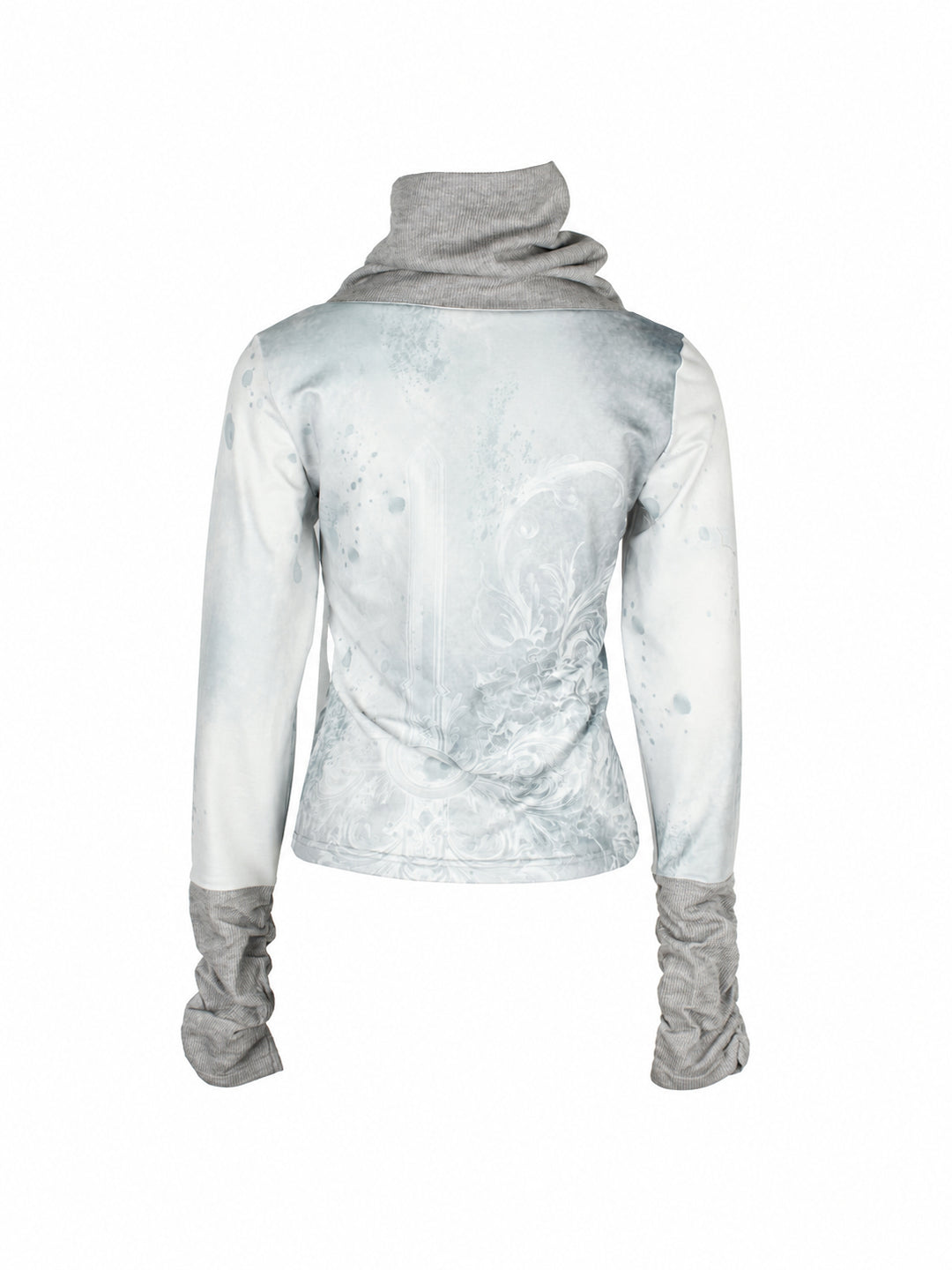 4RE1GN MYSTIC STAR slouch-neck long-sleeve tee in ice blue gray — back garment-only view showing the print and gray knit trims