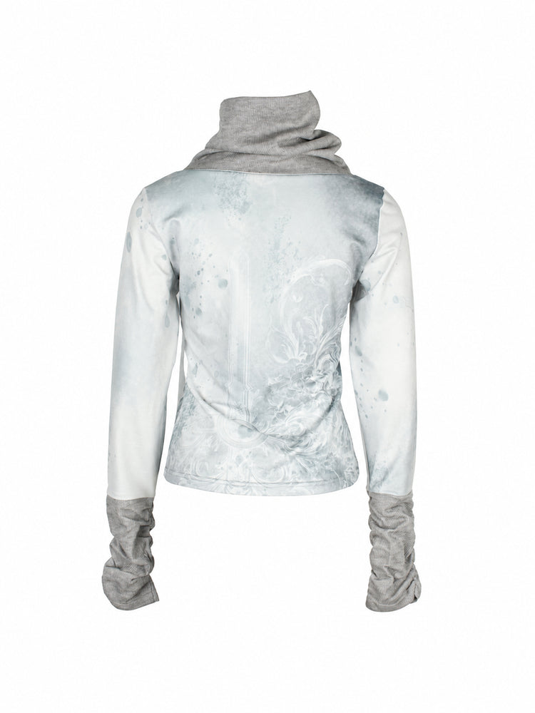 4RE1GN MYSTIC STAR slouch-neck long-sleeve tee in ice blue gray — back garment-only view showing the print and gray knit trims