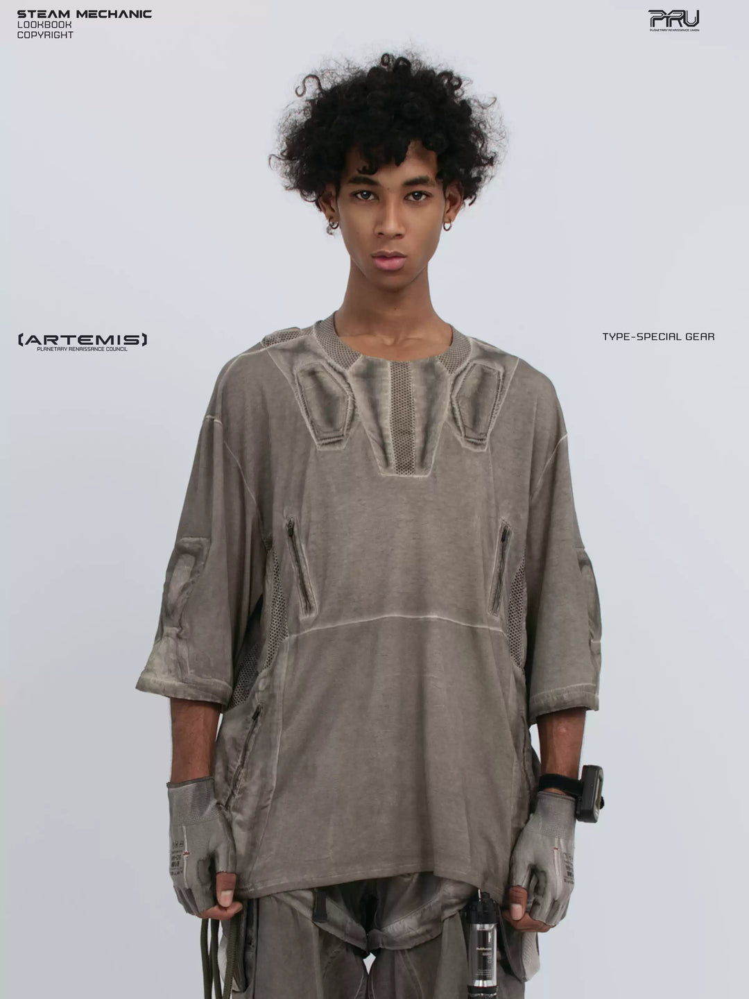 STARCORE xirang brown distressed mesh tee — front close-up with both hands down
