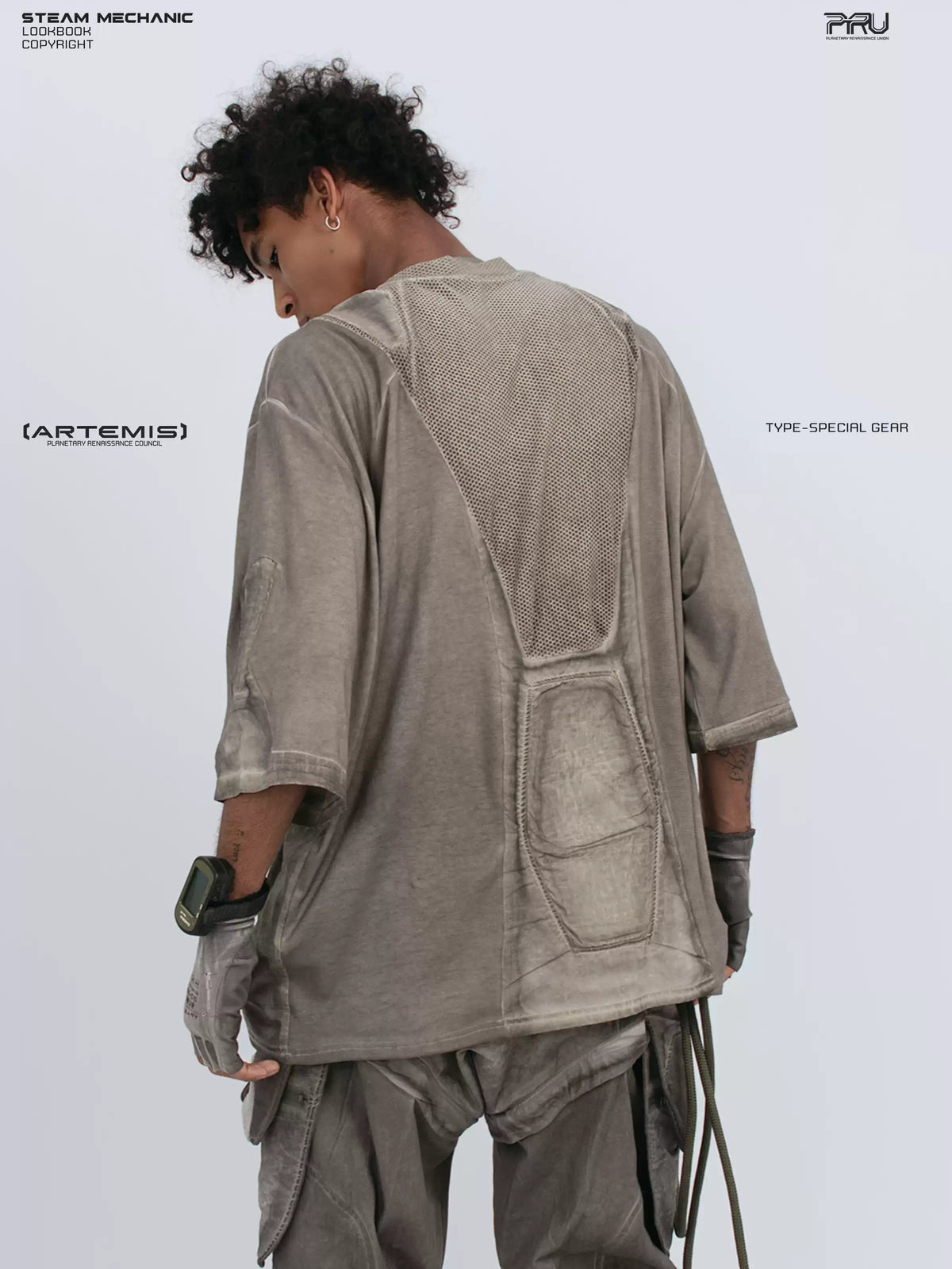STARCORE xirang brown distressed mesh tee — rear close-up showing the mesh panel