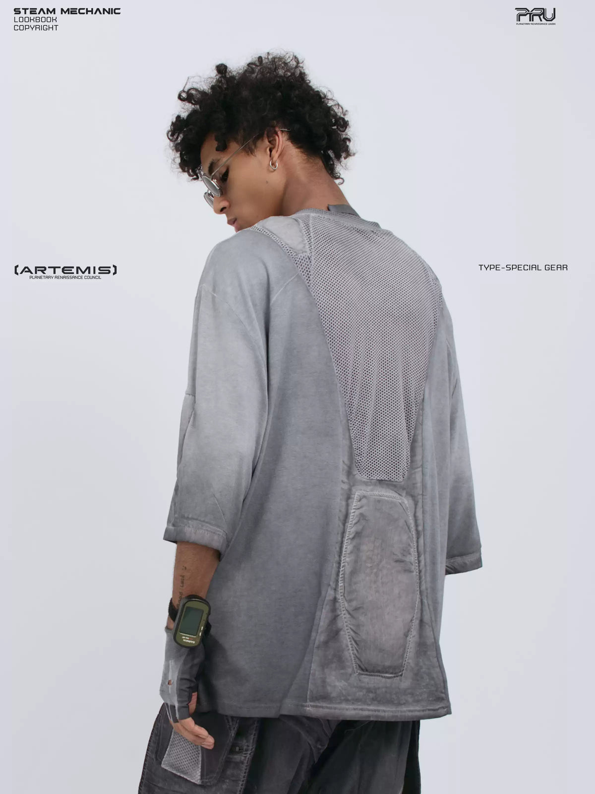 STARCORE stellar blue distressed mesh tee — rear close-up showing the large mesh panel