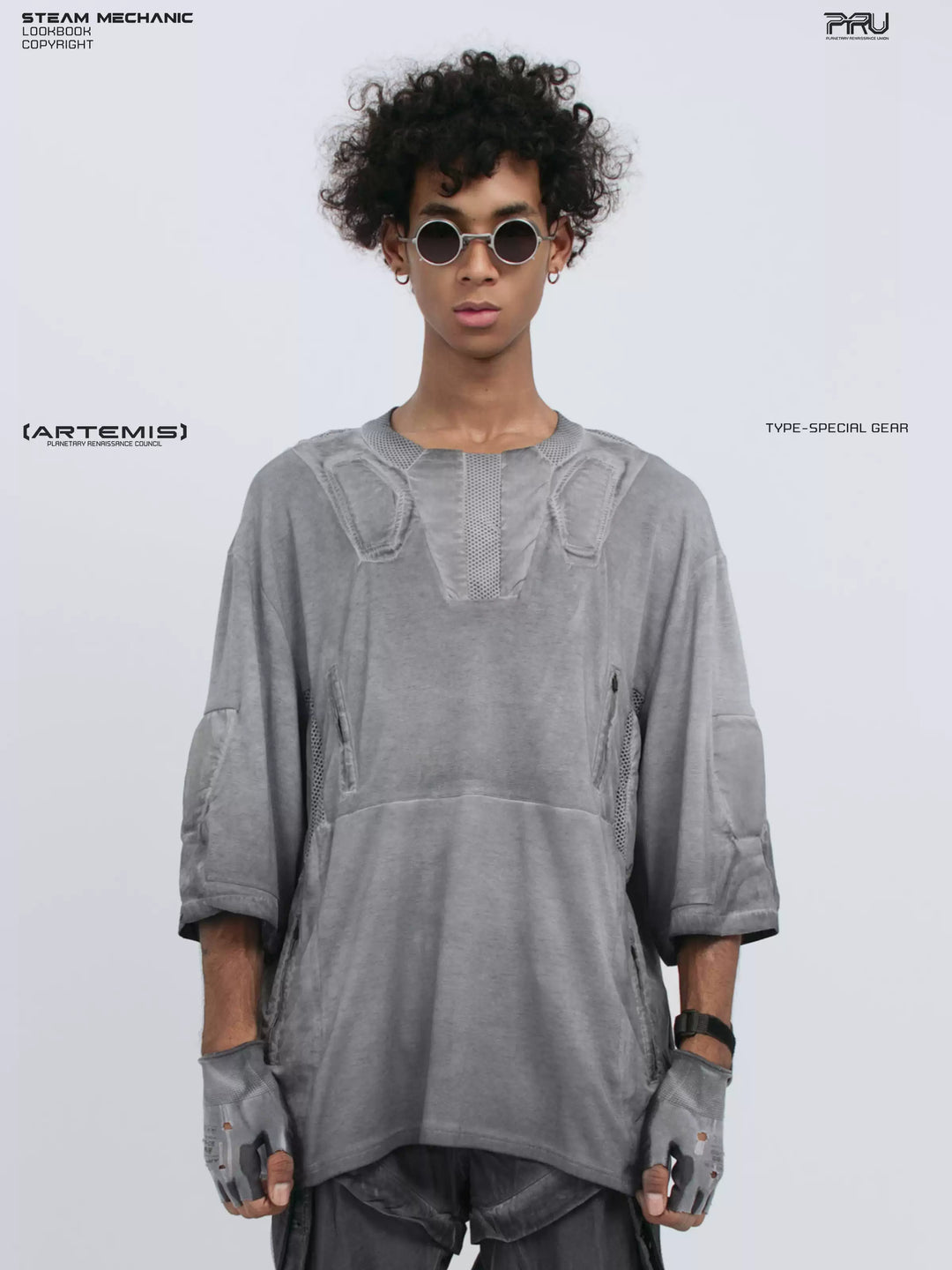 STARCORE moon dust gray distressed mesh tee — front close-up modeled view with both hands down