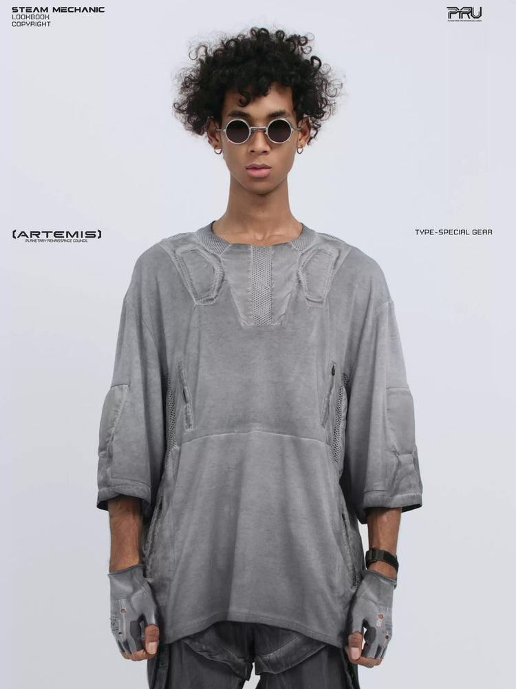 STARCORE moon dust gray distressed mesh tee — front close-up modeled view with both hands down