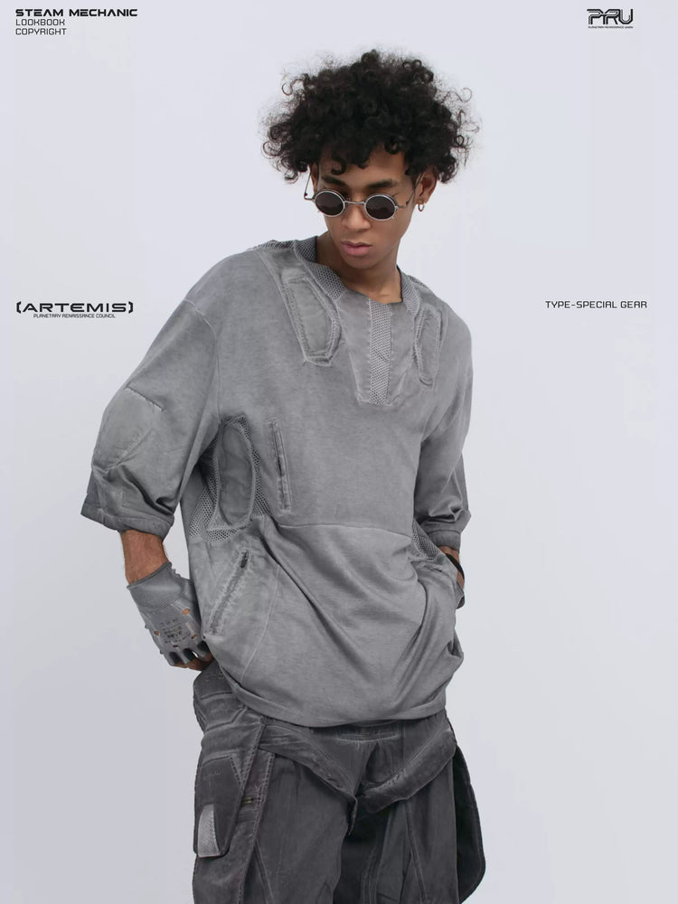 STARCORE moon dust gray distressed mesh tee — angled front close-up with model looking down