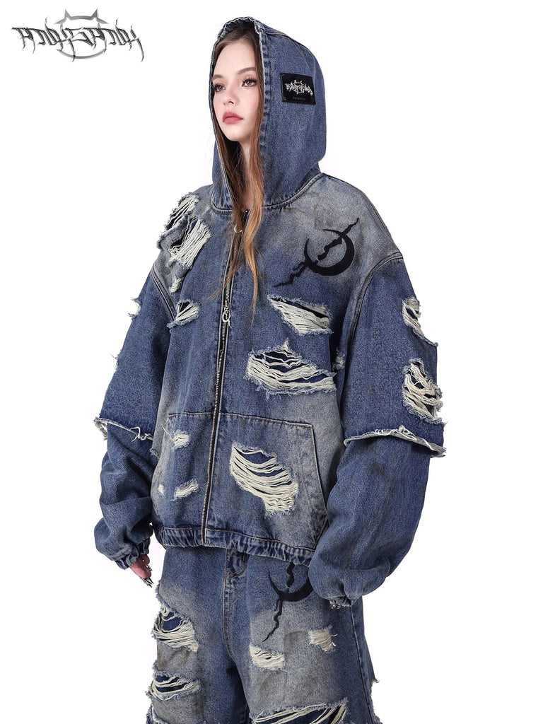 ELECTRIC MOON Double-Layer Distressed Denim Jacket – Dragon Star
