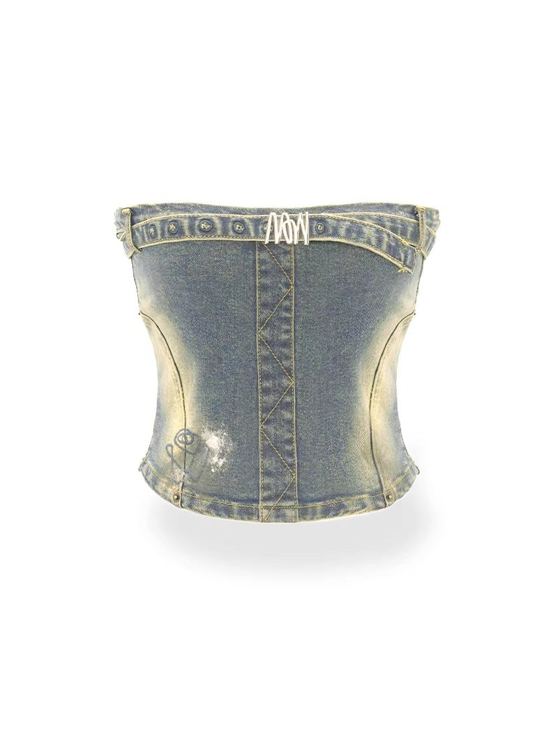 NAWS Y2K Girl Paint-Stained High-Stretch Denim Top & Bandeau Skirt Set