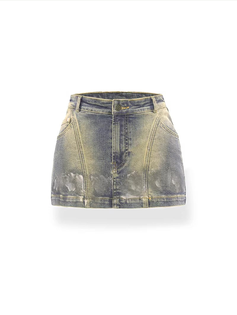 NAWS Y2K Girl Paint-Stained High-Stretch Denim Top & Bandeau Skirt Set