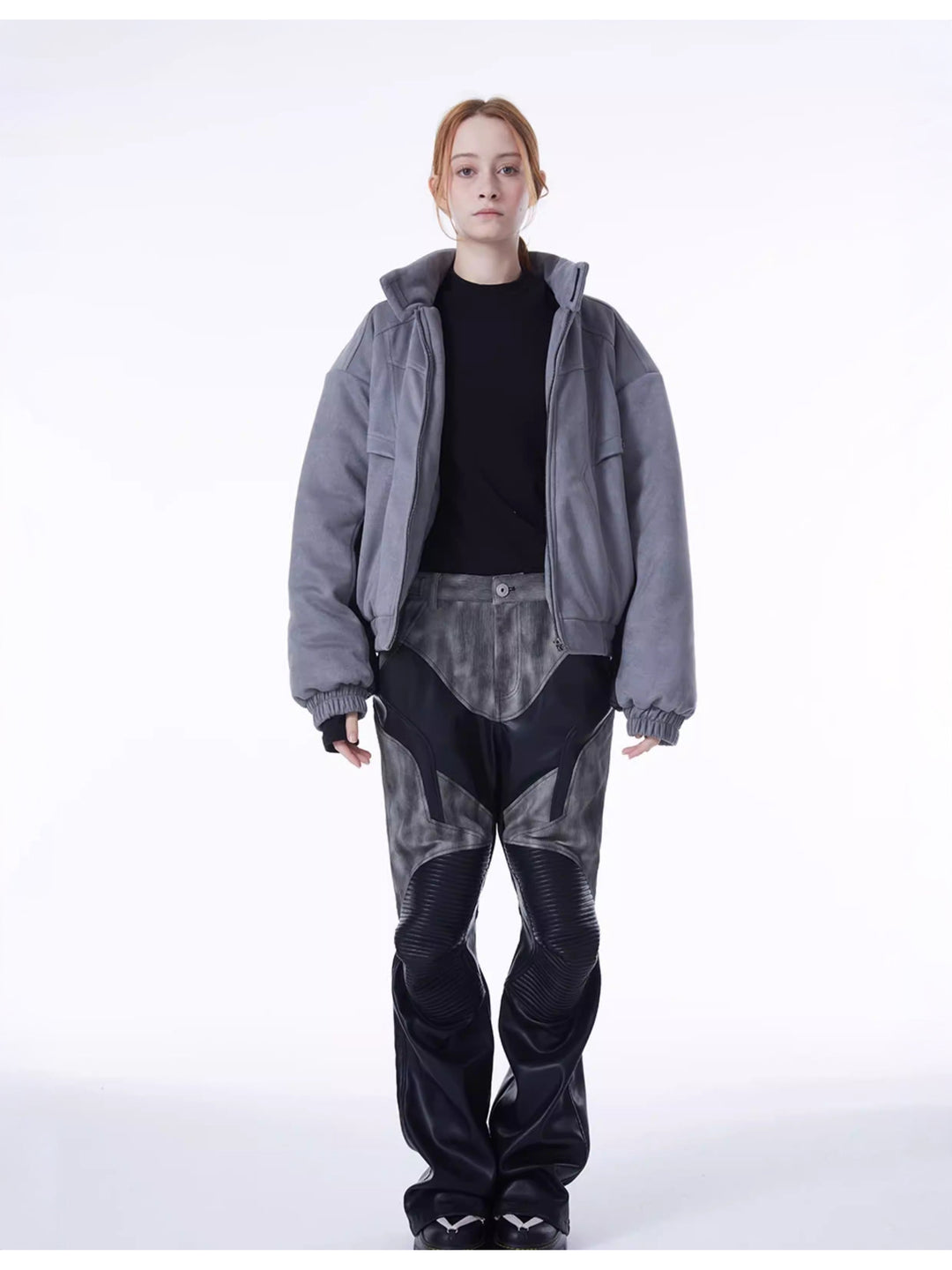 ERRORCODE ROBOT haze-blue contrast-panel padded racing jacket, full-length front styling view