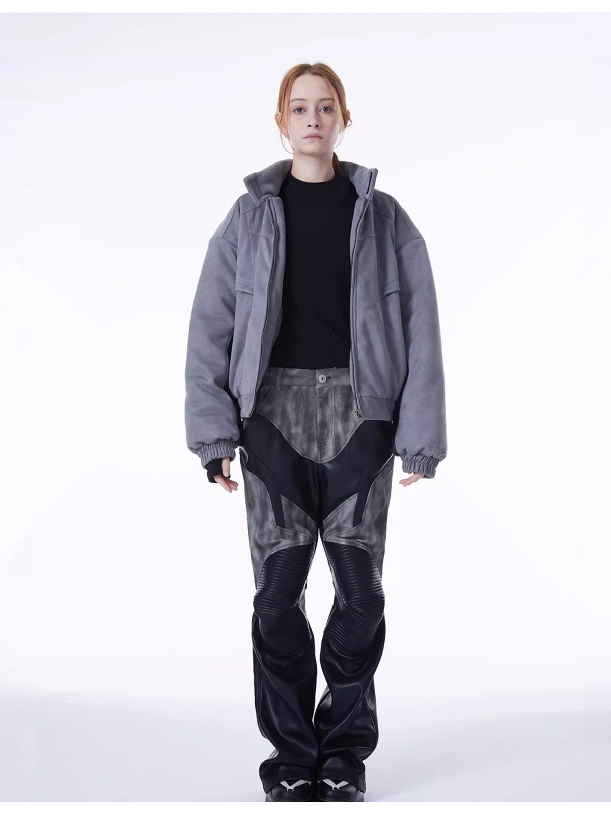 ERRORCODE ROBOT haze-blue contrast-panel padded racing jacket, full-length front styling view