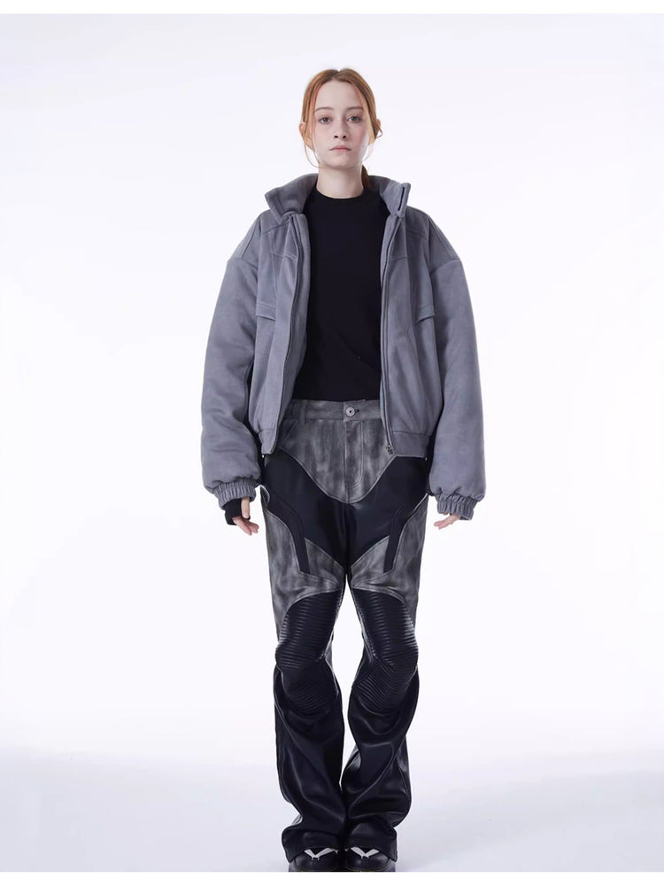 ERRORCODE ROBOT haze-blue contrast-panel padded racing jacket, full-length front styling view