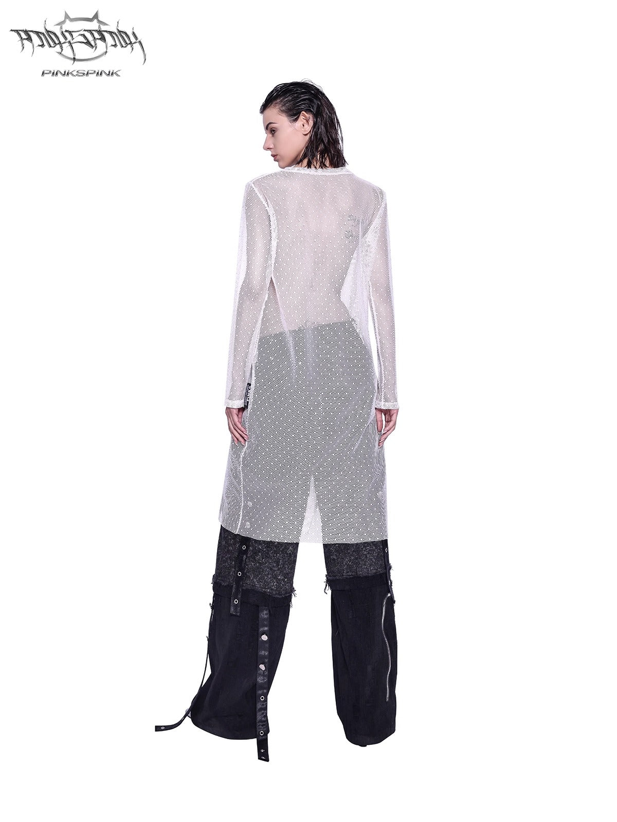 White PINKSPINK SHIMMER longline mesh tee, rear view showing open mesh texture