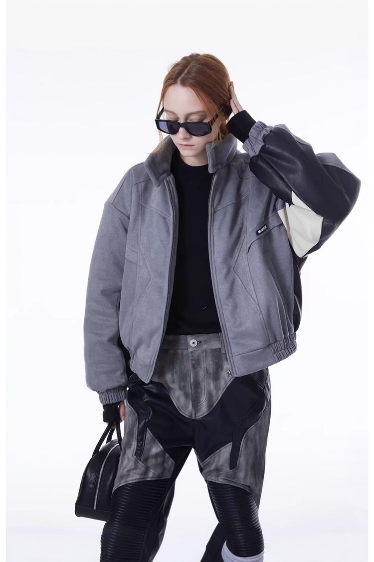 ERRORCODE ROBOT haze-blue contrast-panel padded racing jacket, open-front modeled view with one hand raised
