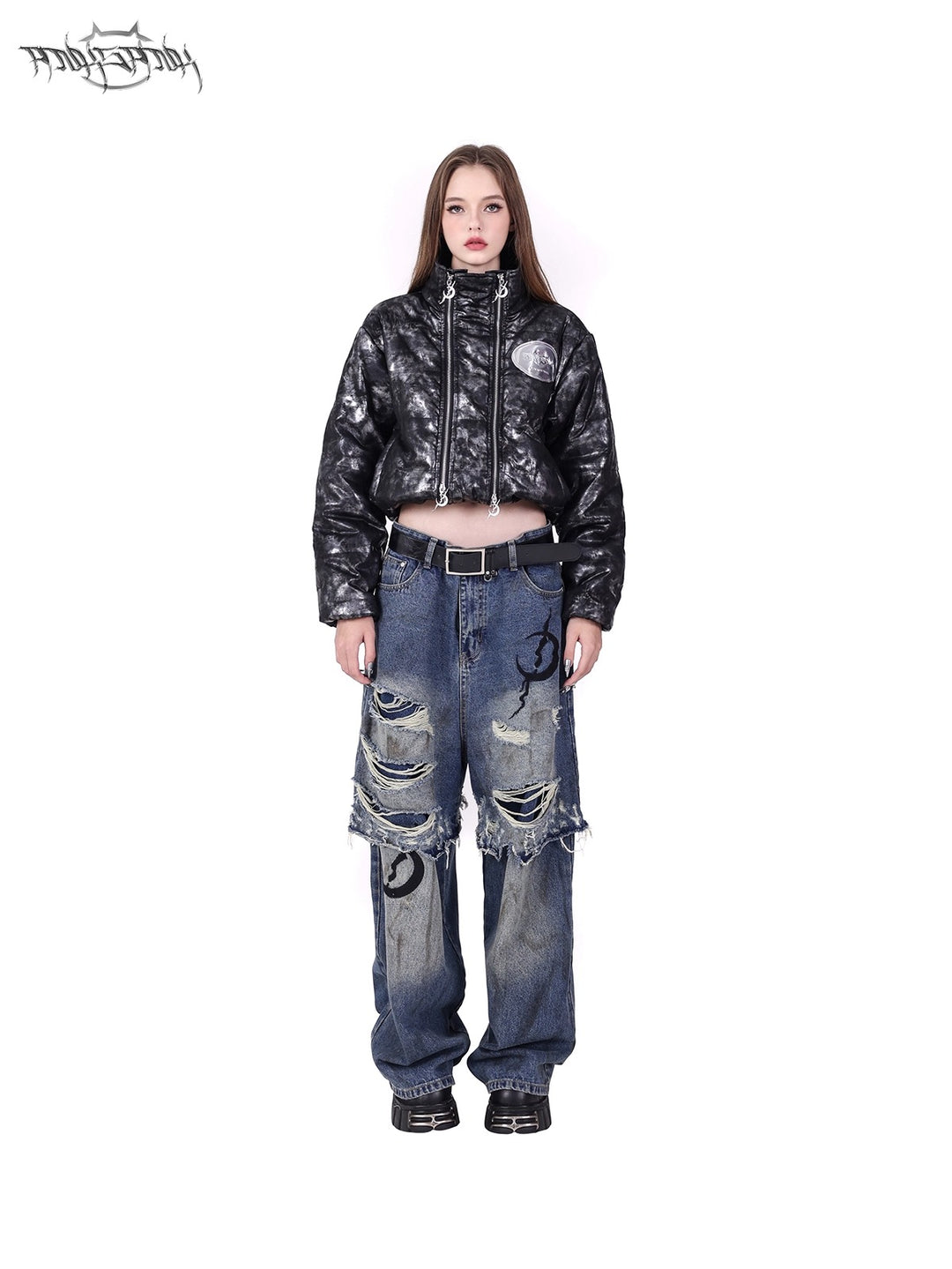 ELECTRIC MOON Double-Layer Distressed Denim Loose Jeans
