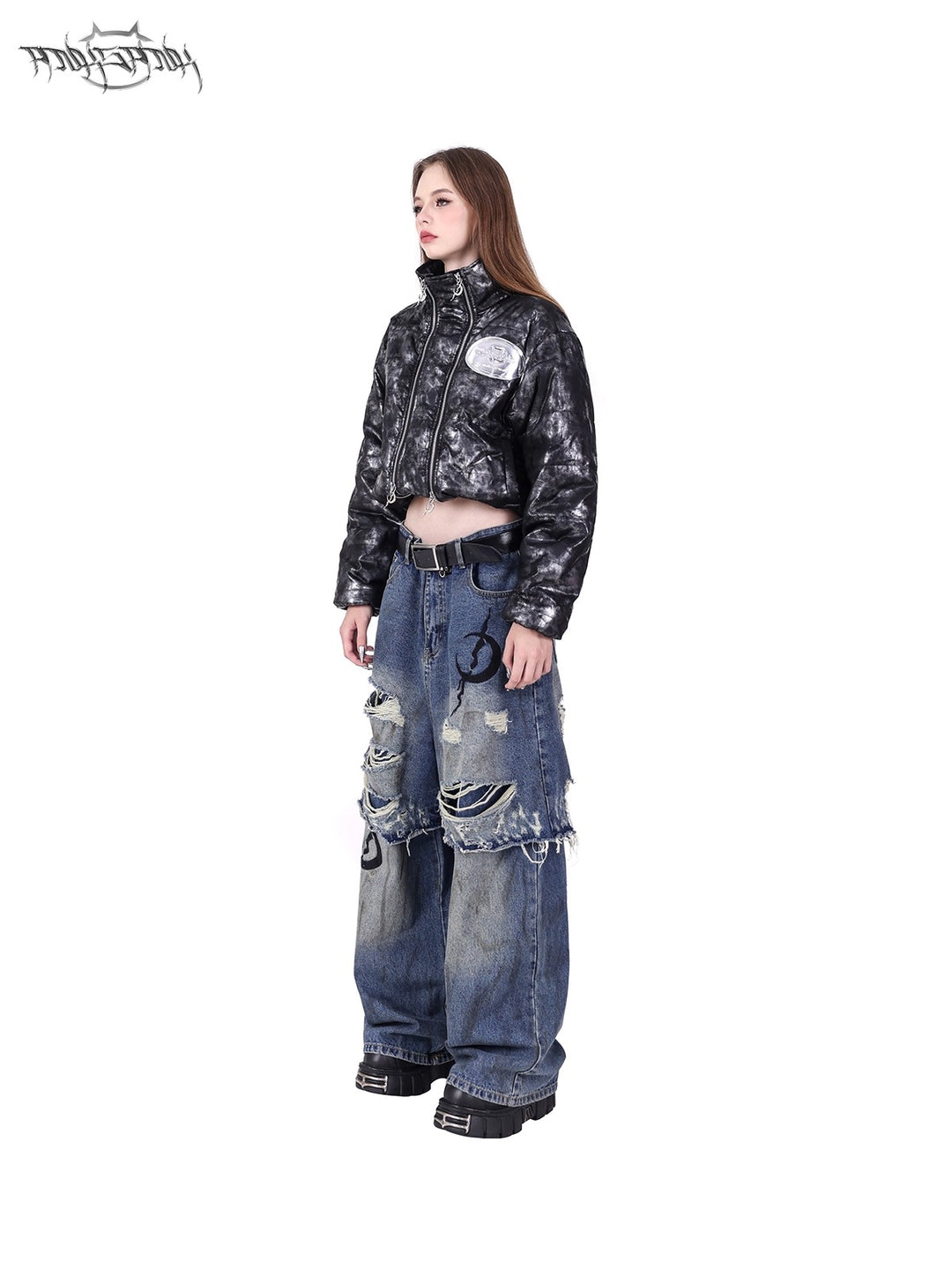 ELECTRIC MOON Double-Layer Distressed Denim Loose Jeans