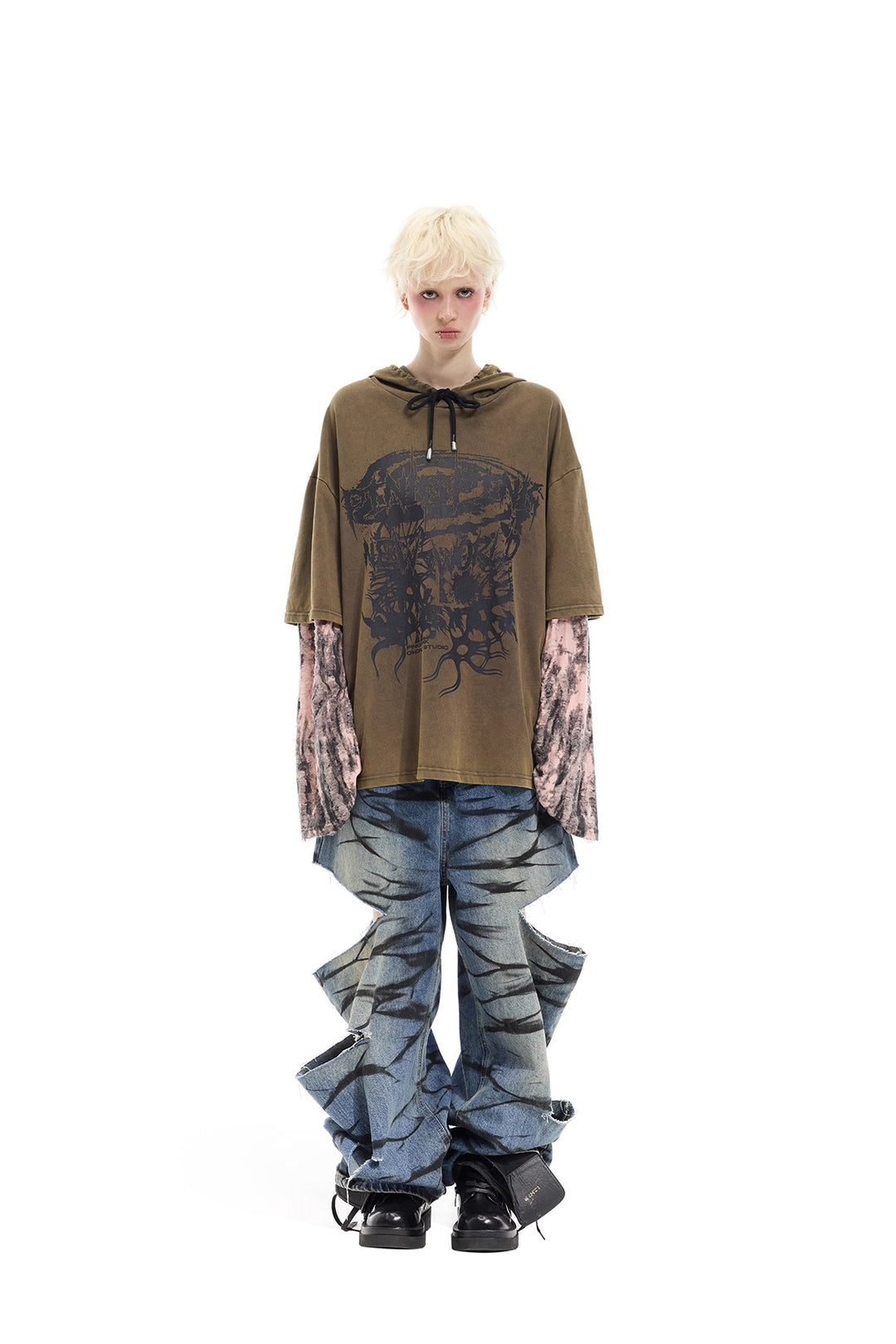 Y2K distressed loose hooded tee