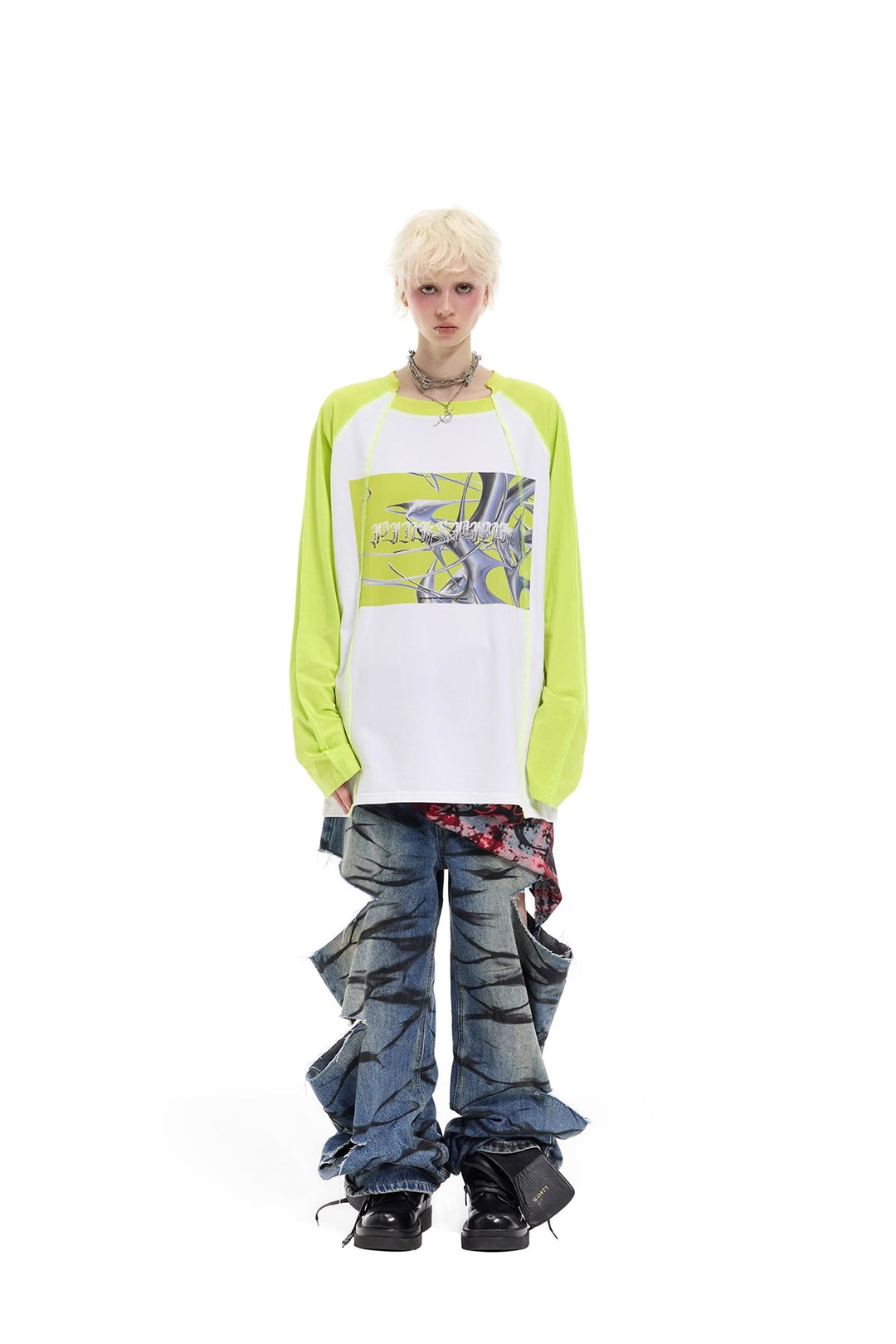 Y2K Future Print Splicing Raglan Loose Tee