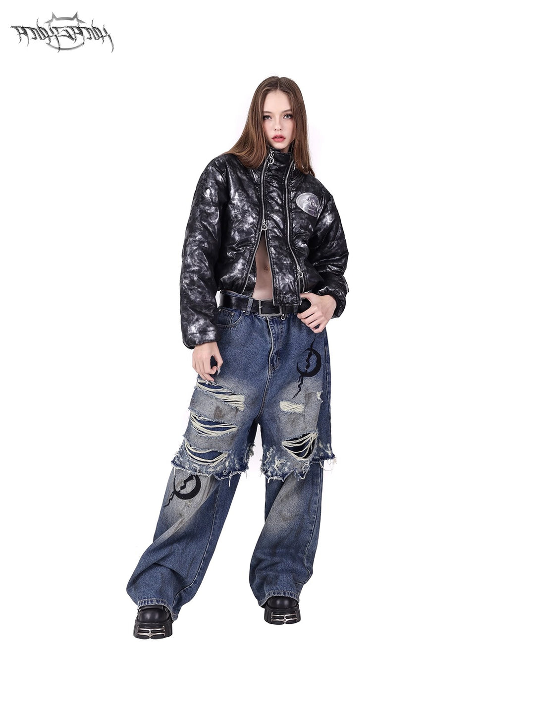 ELECTRIC MOON Double-Layer Distressed Denim Loose Jeans
