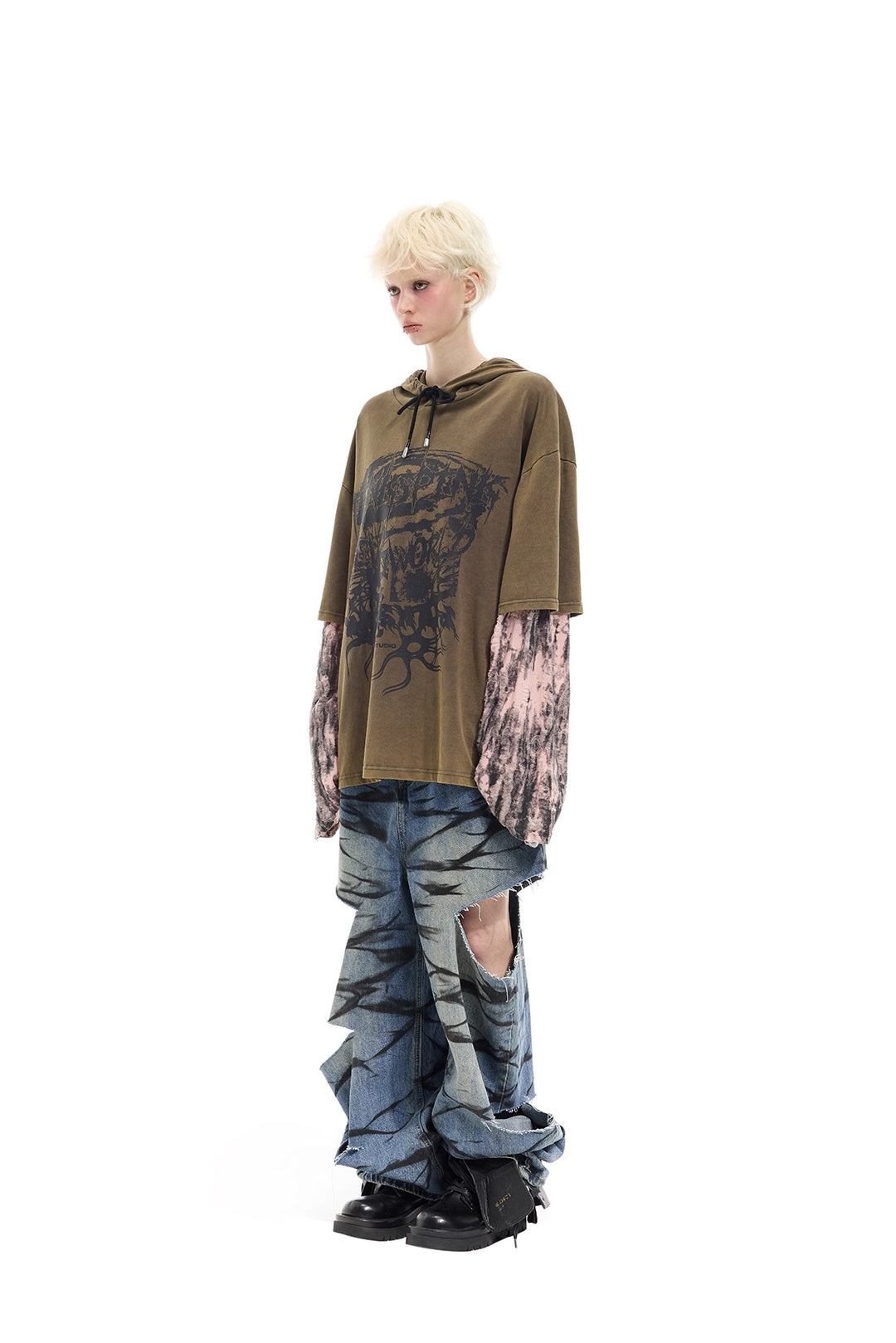 Y2K distressed loose hooded tee