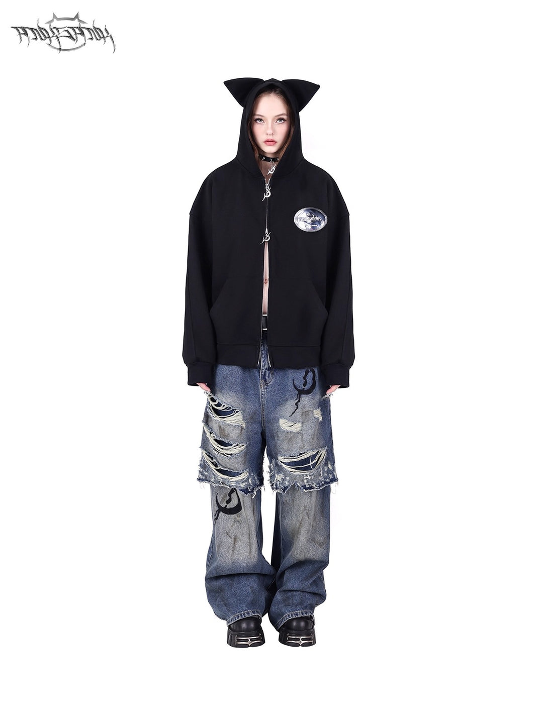 ELECTRIC MOON Double-Layer Distressed Denim Loose Jeans