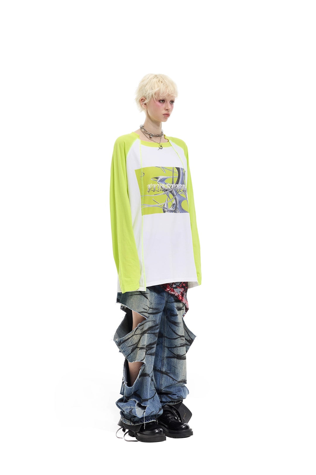 Y2K Future Print Splicing Raglan Loose Tee