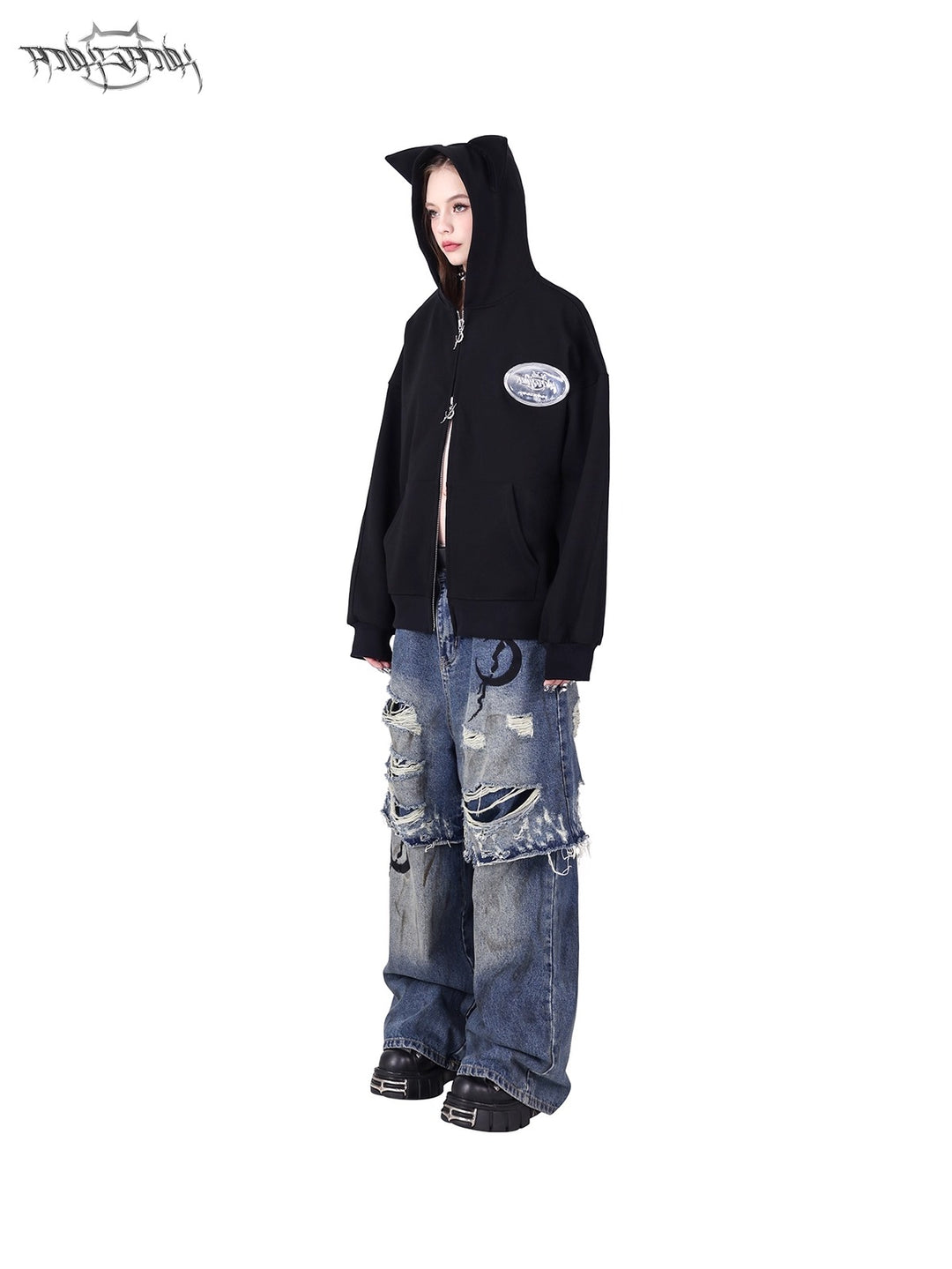 ELECTRIC MOON Double-Layer Distressed Denim Loose Jeans