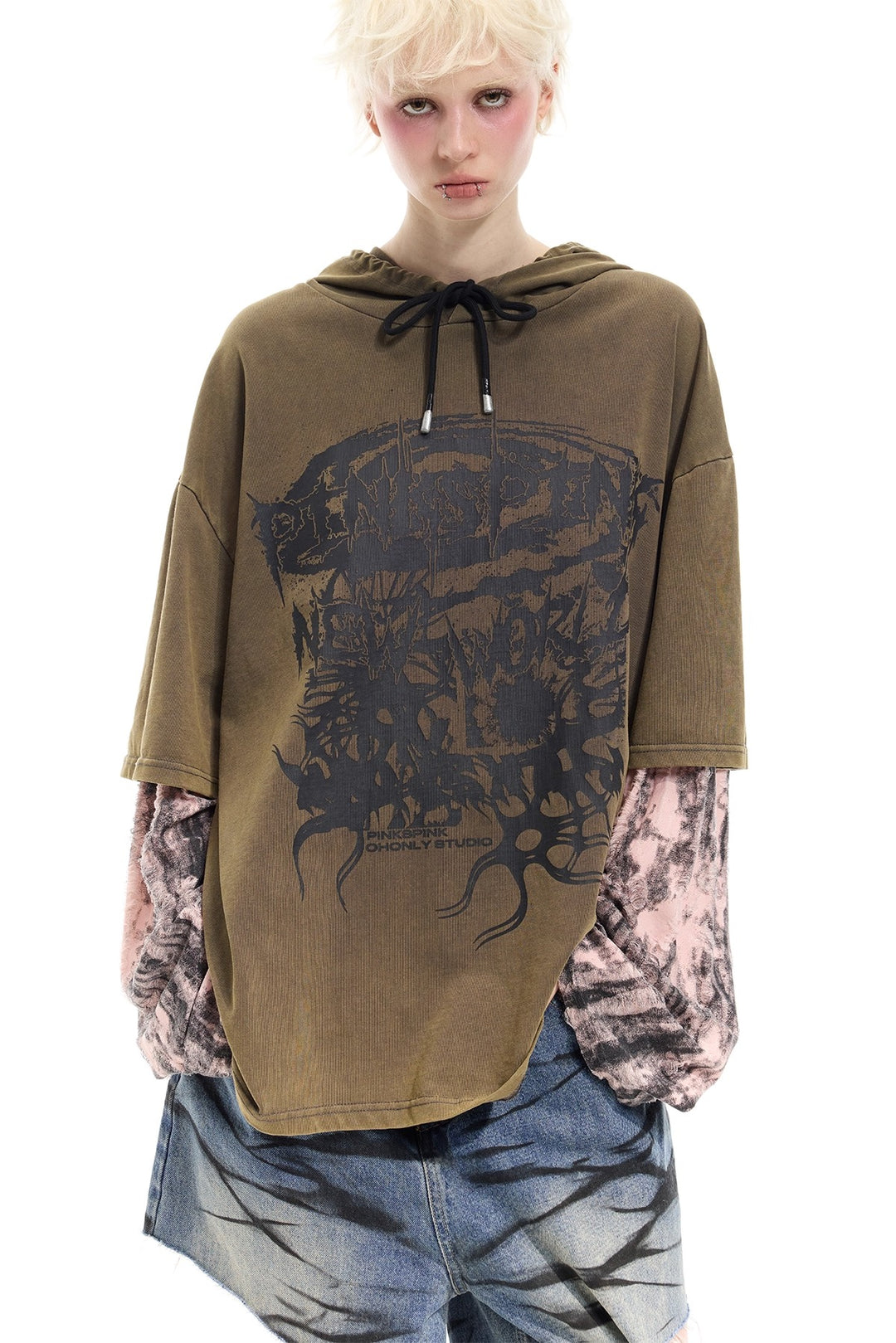 Y2K distressed loose hooded tee