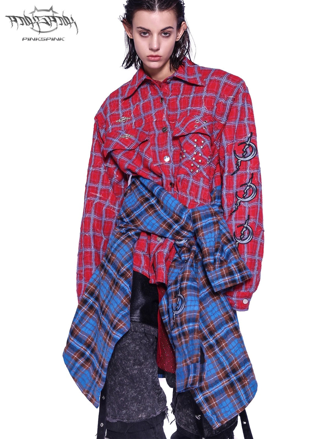 Y2K ONE-PIECE CHECKERED LONG SHIRT