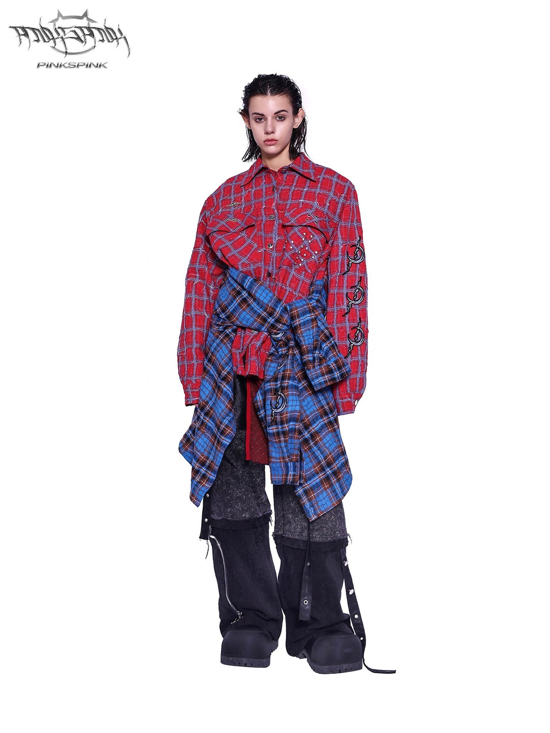 Y2K ONE-PIECE CHECKERED LONG SHIRT