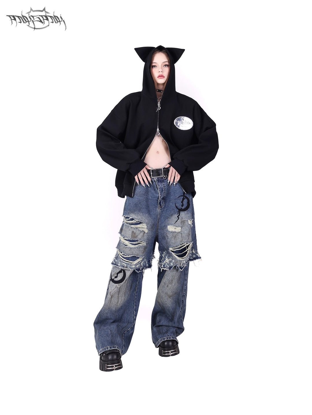 ELECTRIC MOON Double-Layer Distressed Denim Loose Jeans