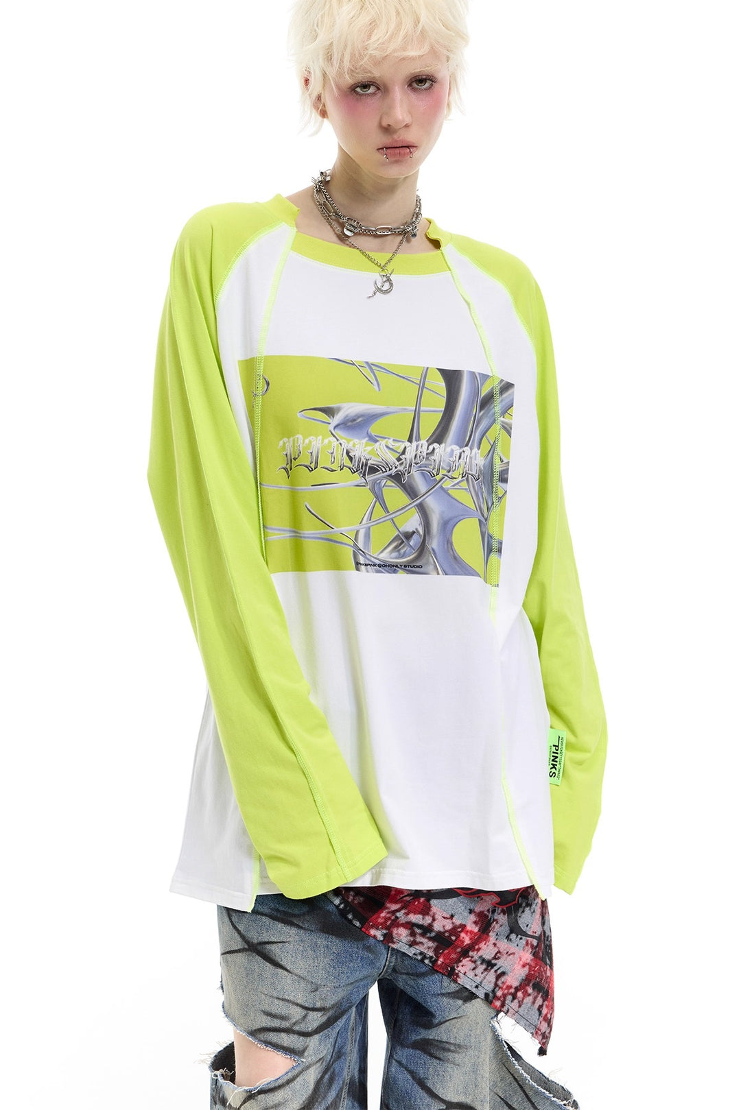 Y2K Future Print Splicing Raglan Loose Tee
