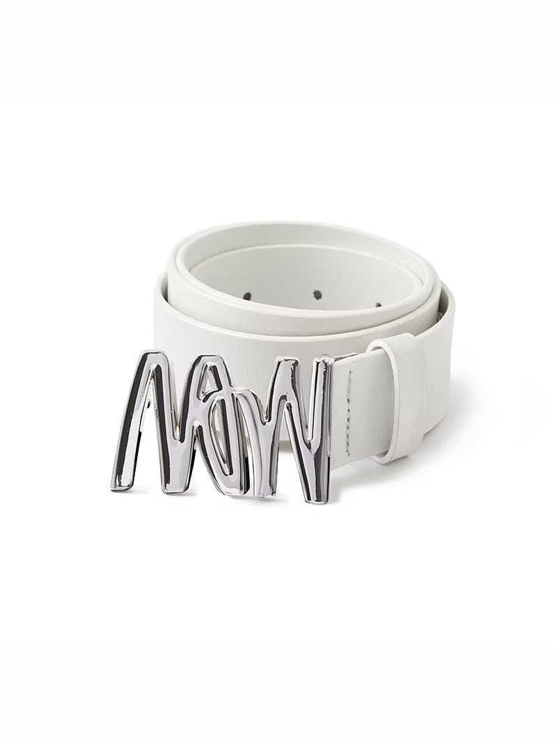 White NAWS FREEFALL calf-leather belt, coiled to show the sculptural metal buckle