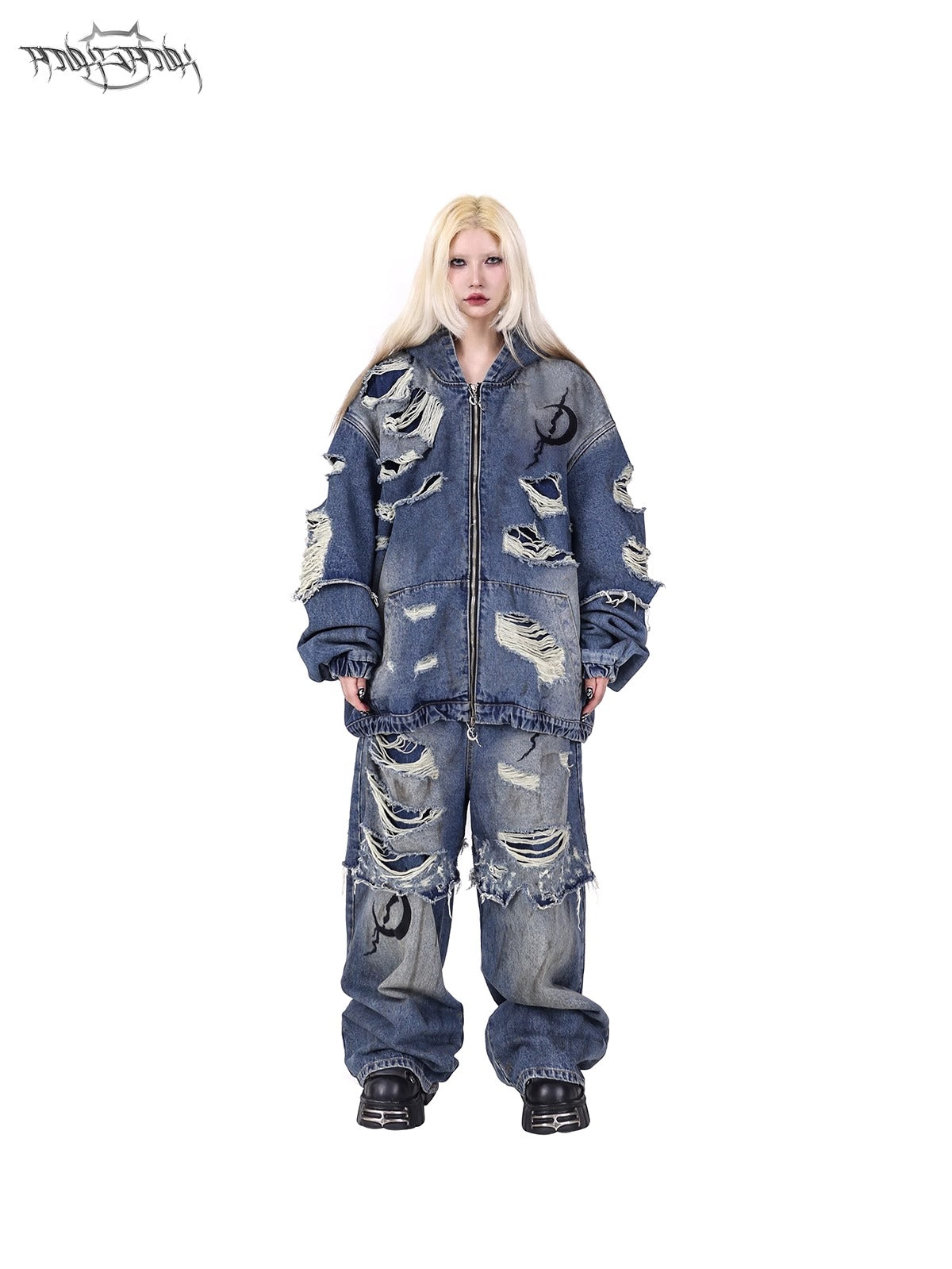 PINKSPINK ELECTRIC MOON double-layer distressed jeans — straight front view with matching denim jacket on a blonde model