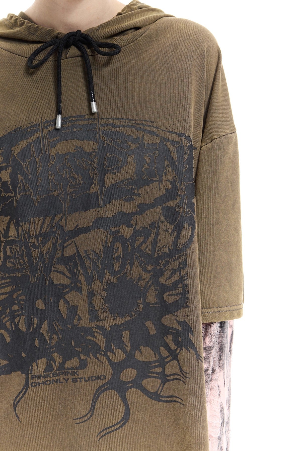 PINKSPINK REMAKE coffee hooded tee — detail of the chest print, drawcord tips and washed fabric