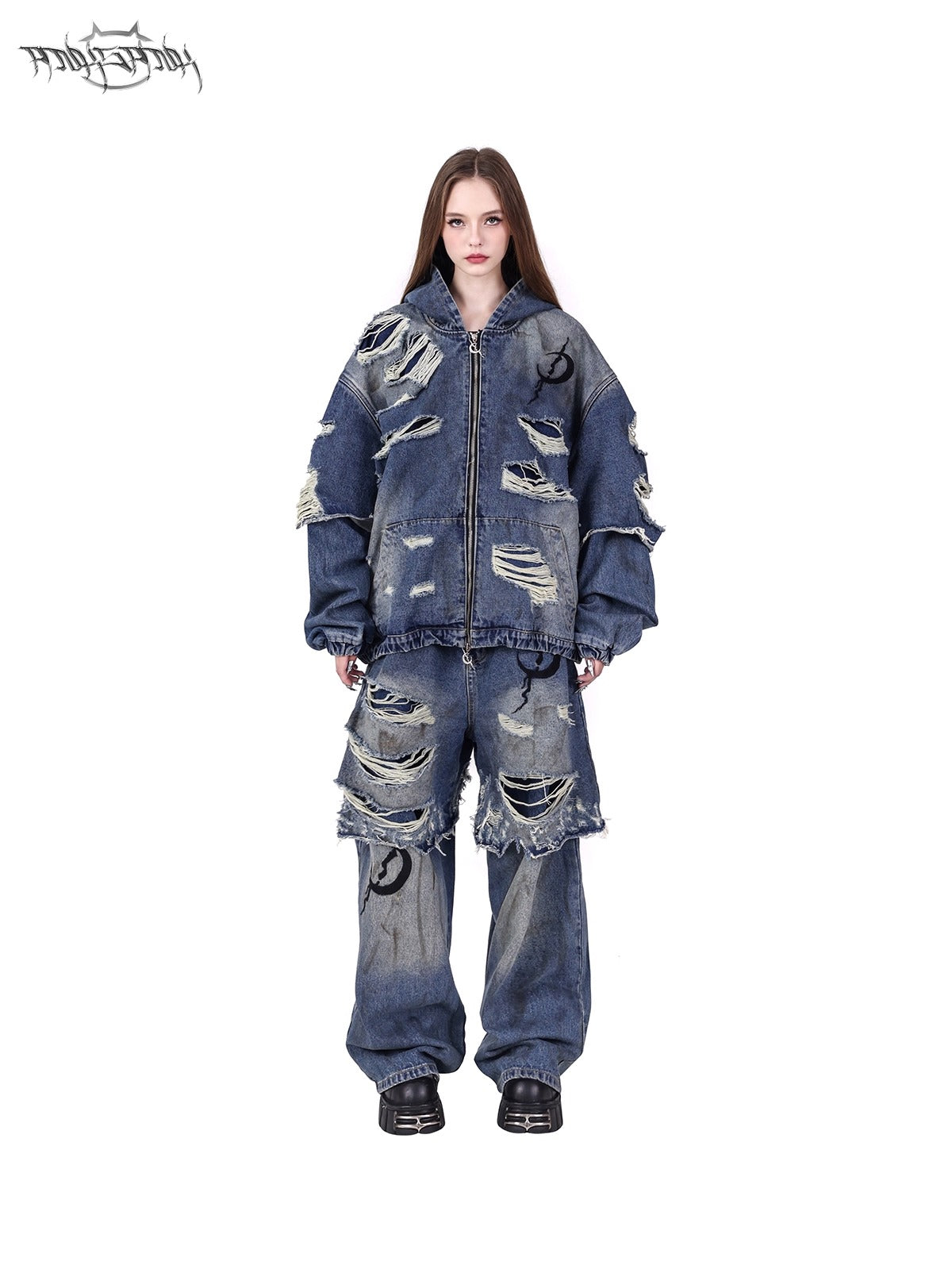 ELECTRIC MOON Double-Layer Distressed Denim Loose Jeans