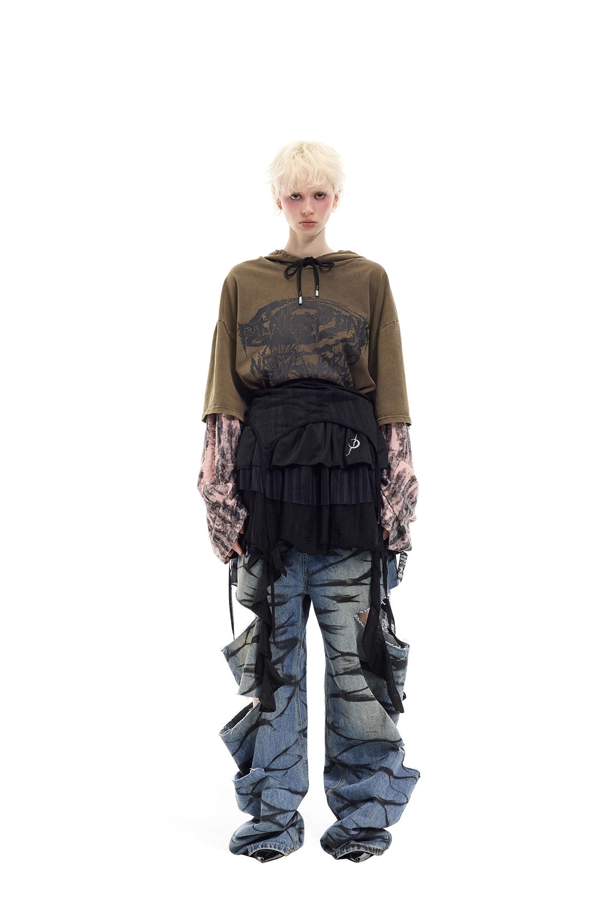 PINKSPINK REMAKE coffee hooded tee — front outfit view styled with a black apron and distressed jeans